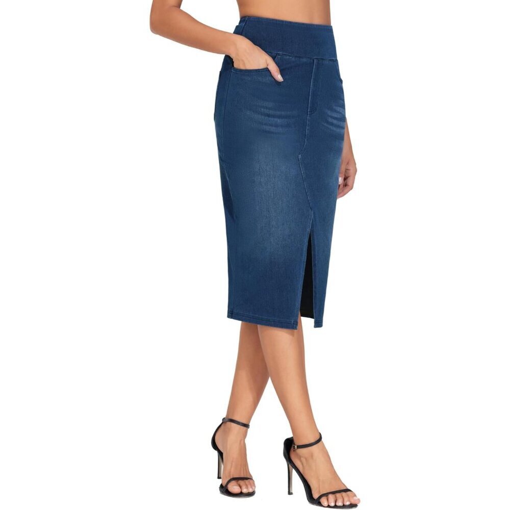Women's High Waisted Stretch Denim Skirt Midi Front Slit Pockets Casual Wear